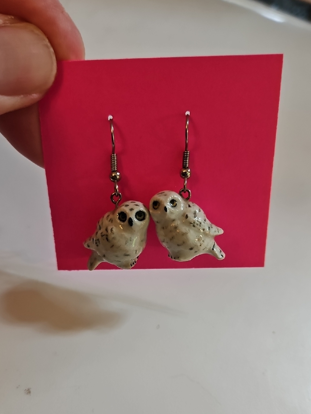 Snowy Owl Porcelain Dangle Earrings NEW